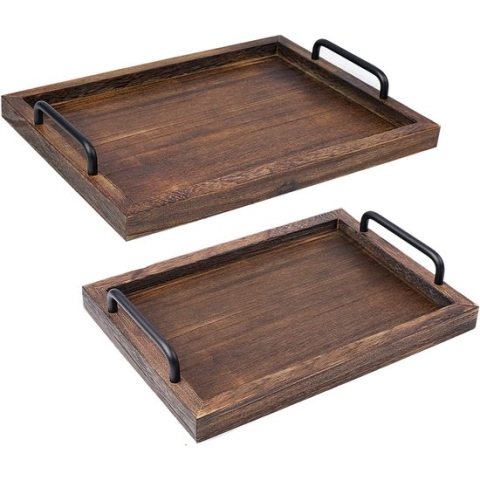 Rustieke houten dienbladen met handvatset van 2-decoratieve nestplanken voor het ontbijt, salontafel/butler (groot 15,8x11,8x1,2 inch, klein 13,5x9,4 x 1,1 inch)