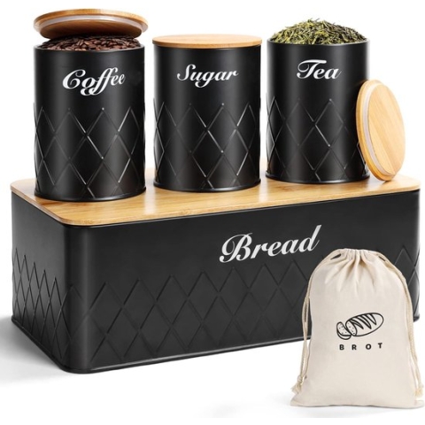 Broodtrommel 5-in-1 set, broodtrommel van metaal met broodzak en 3-delige set voorraaddozen voor langdurige frisheid, zwart met hoogwaardig bamboedeksel, bruikbaar als snijplank, 33 x 18 x 13 cm