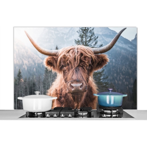 Spatscherm Keuken - Kookplaat Achterwand - Spatwand Fornuis - 120x80 cm - Schotse hooglander - Koe - Dieren - Berg - Natuur - Aluminium - Wanddecoratie - Muurbeschermer - Hittebestendig