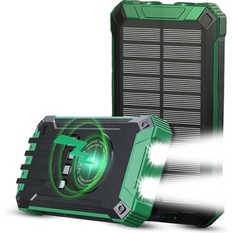 Solar Powerbank 30000mAh - Solar Powerbank - Iphone & Samsung - Solar Charger - Zonneenergie - Snellaadfunctie - Vier ingebouwde oplaadkabels - Drie USB poorten - Wireless charger - Zaklamp - Waterdicht