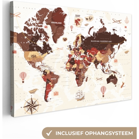 Canvas Wereldkaart - 150x100 - Wanddecoratie Wereldkaart - Bruin - Rood