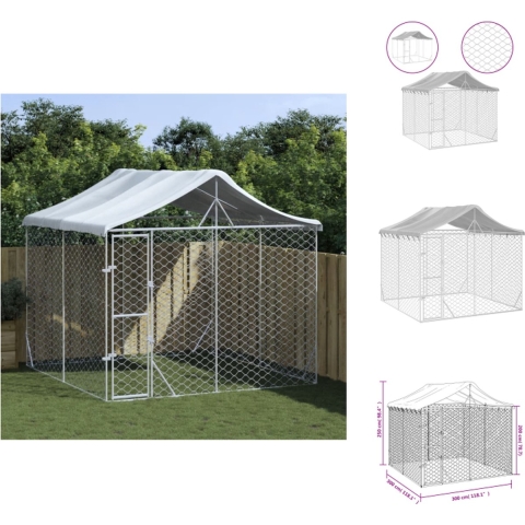 vidaXL Hondenkennel Buiten - 3x3x2.5m - Stevige constructie - Afsluitbare deur - Beschermend dak - Gaasontwerp - Zilver - Kennel