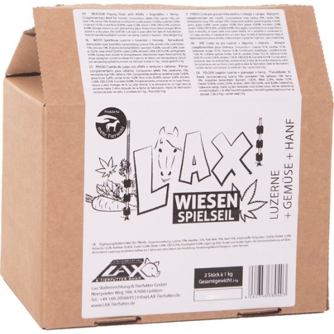Lax Luzerne Speeltouw - Gezonde ruwvoersnack voor paarden - Stofvrij - Luzerne, wortel, rode biet & Hennep - 0.25% CBD - 1 kg