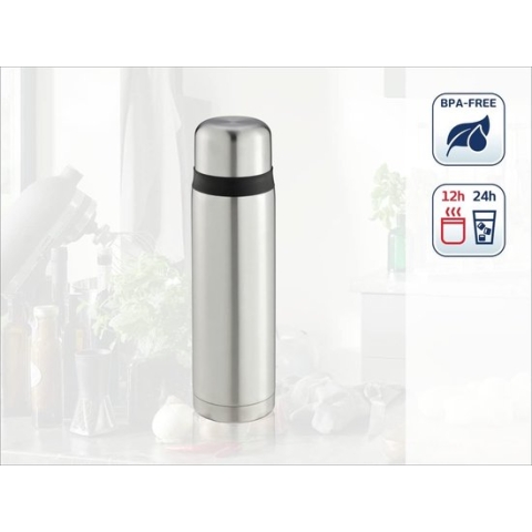 thermosfles, roestvrij staal, 100% dicht, thermosfles met dubbelwandige roestvrijstalen isolatie, druppelvrij uitgieten met één hand, stoot- en stootvaste drinkfles, zilver