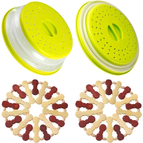 Magnetronafdekking, 2 stuks afdekhoezen voor de magnetron, opvouwbare magnetronhoes met 2 placemats van hout, filtermand met stoomgaten voor groenten en fruit, BPA-vrij