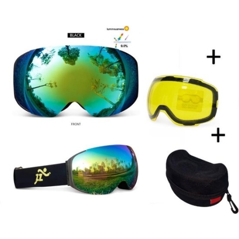Skibril - EXTRA magnetische lens green black frame Zwart AX  type 3 Cat. 0 tot 4 - ☀/☁