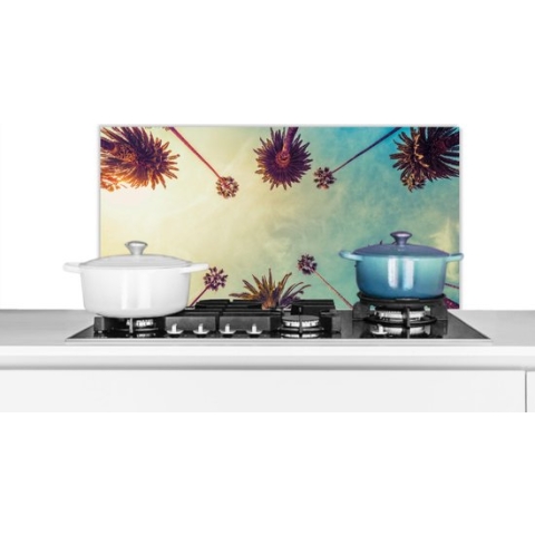 Spatscherm Keuken - Kookplaat Achterwand - Spatwand Fornuis - 80x40 cm - Palmboom - Lucht - Bomen - Zomer - Tropisch - Aluminium - Wanddecoratie - Muurbeschermer - Hittebestendig