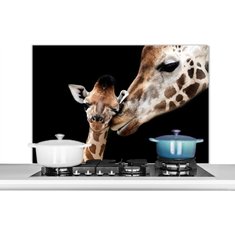 Spatscherm Keuken - Kookplaat Achterwand - Spatwand Fornuis - 100x65 cm - Giraffe - Dieren - Zwart - Portret - Dieren - Aluminium - Wanddecoratie - Muurbeschermer - Hittebestendig