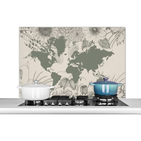 Spatscherm Keuken - Kookplaat Achterwand - Spatwand Fornuis - 100x65 cm - Wereldkaart - Grijs - Bloemen - Aluminium - Wanddecoratie - Muurbeschermer - Hittebestendig