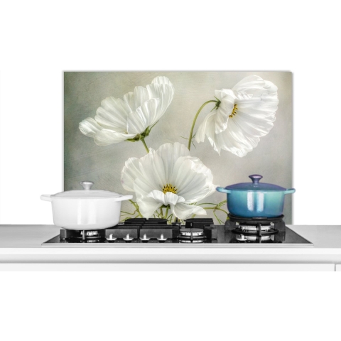 Spatscherm Keuken - Kookplaat Achterwand - Spatwand Fornuis - 90x60 cm - Bloemen - Stilleven - Klaproos - Wit - Botanisch - Aluminium - Wanddecoratie - Muurbeschermer - Hittebestendig
