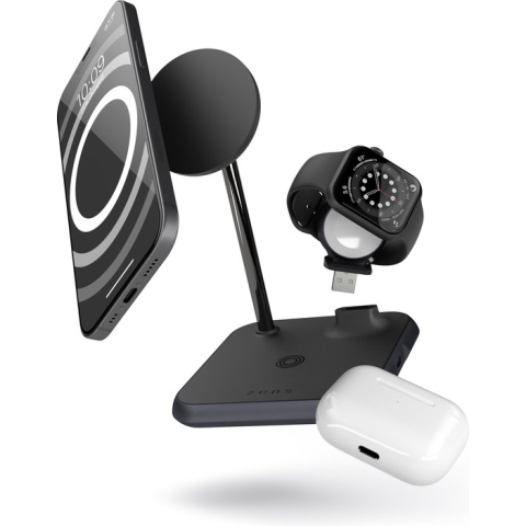 Zens 4-in-1 draadloze lader. Laadt tegelijkertijd MagSafe compatible iPhone + Apple Watch + AirPods + ingebouwde 18W USB-C poort Qi en MFi gecertificeerd