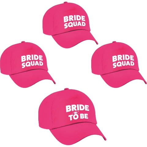 Vrijgezellenfeest dames petjes pakket - 1x Bride to Be roze + 7x Bride Squad roze - Vrijgezellen vrouw artikelen/ accessoires