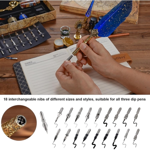 Quill Pen en inkt set, kalligrafie veer pen set met dip pen, 18 vervangbare penpunten, 6 inkt, wax zegel stempel, wax zegel, thee was, envelop openingsgereedschap, beker, kunstcadeau voor