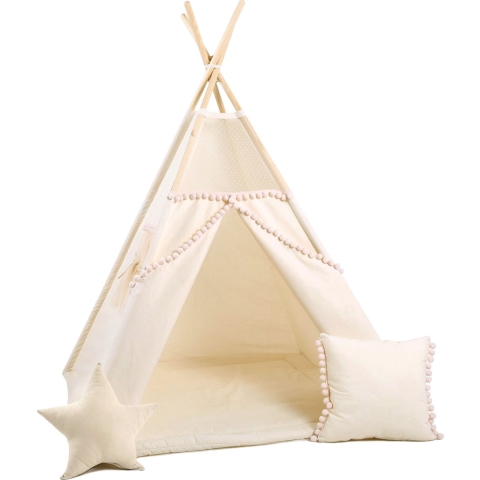 TIPI tent Beige voor kinderen Boho met pompons + 2 kussens en speelmat