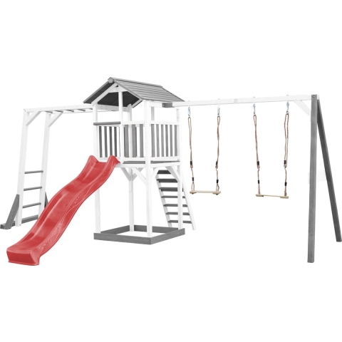 AXI Beach Tower Speeltoestel in Grijs/Wit - Speeltoren met Klimrek, Dubbele Schommel, Rode Glijbaan en Zandbak - FSC hout - Speelhuis op palen voor de tuin