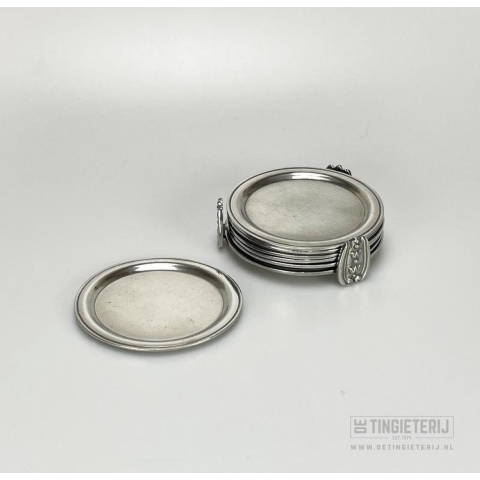 Tinnen Onderzetters - rond - stijlvol - 6 stuks met luxe houder - tulp motief - handgemaakt - woningdecoratie