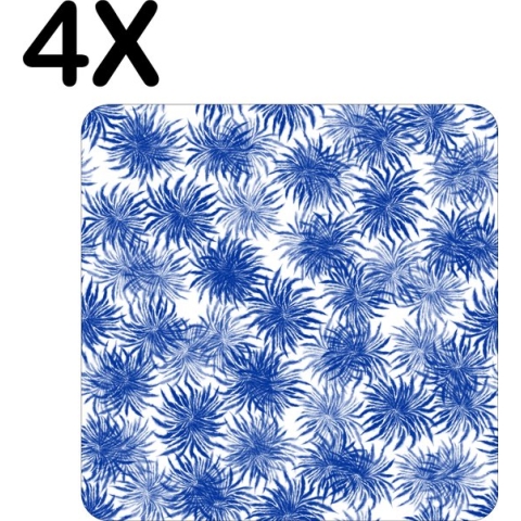 BWK Flexibele Placemat - Blauw met Wit Bloemen Patroon - Set van 4 Placemats - 50x50 cm - PVC Doek - Afneembaar