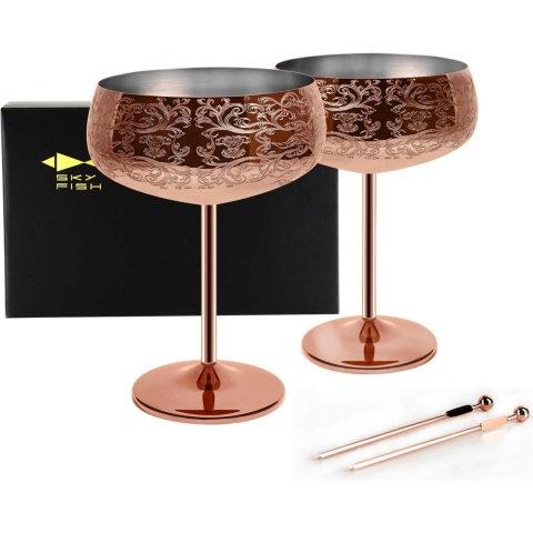 Martini-cocktailglas met 2 cocktailprikkers, roestvrijstalen wijnglazen, 400 ml champagnebeker, set van 2 (roségoud)
