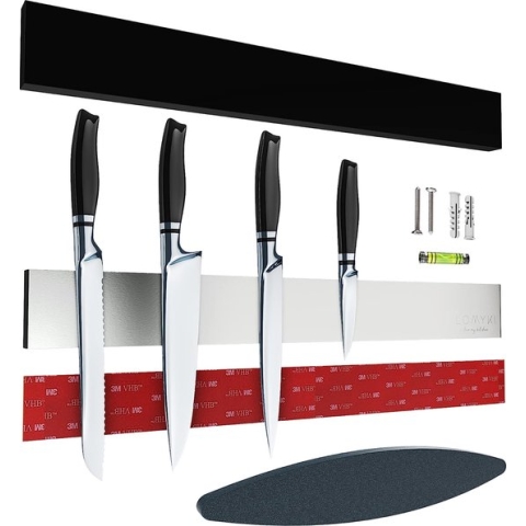 Magneetstrip mes zelfklevend met slijpsteen (40 cm lang) - roestvrijstalen messenhouder magnetisch met siliconen hoes, waterpas & montagekit