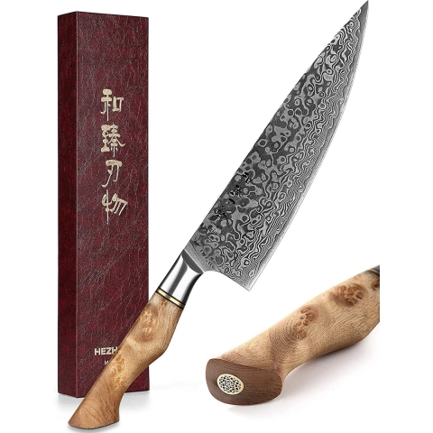 Professioneel 8" Koksmes | VG10 Damascus staal (67 lagen) | HEZHEN B30 Series | Handvat van Plataanhout met Klinknagel Mozaïek