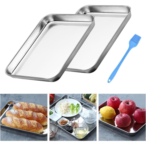 Set van 2 bakplaten, kleine ovenplaat, ovenplaat, roestvrij staal, 26 x 20 x 2,5 cm, ovenvorm,rechthoekig, ovenschaal, keramische bakplaten, vaatwasmachinebestendig, bakplaat,