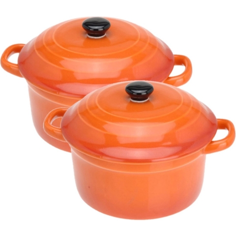Set van 8x stuks mini stoofpannetjes/ovenschaaltjes met deksel oranje 9 cm - Tapaspannetjes - Serveerpannetjes
