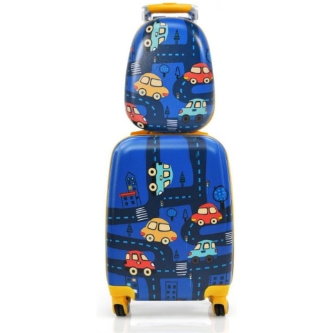 Coast Kinderkofferset 2-delig Kindertrolley + Rugzak Auto's Donkerblauw