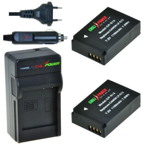 2 x LP-E12 accu's voor Canon - inclusief oplader en autolader - Origineel ChiliPower