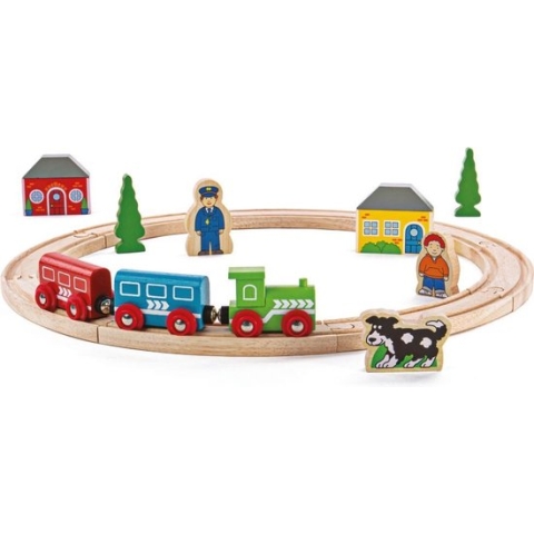 Houten Treinbaan Startersset - BIGJIGS - 20-Delig - Met Rails, Trein en Figuren