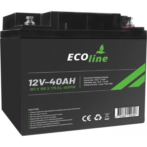 EcoLine - AGM 12V 40AH - 40000mAh VRLA Batterij - 197 x 165 x 175 - Deep Cycle Accu
