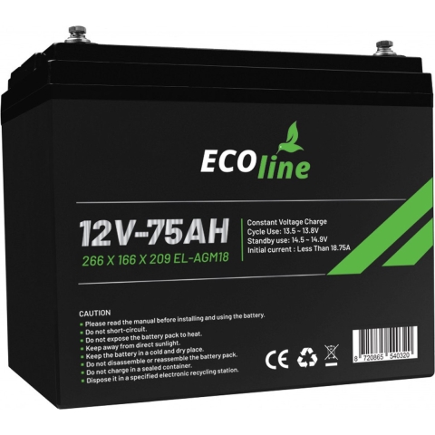 EcoLine - AGM 12V 75AH - 75000mAh VRLA Batterij - 266 x 166 x 209 - Deep Cycle Accu