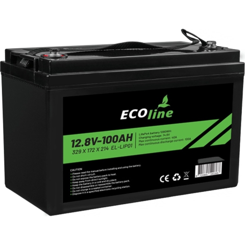 EcoLine - LifePo4 12V 100AH - 100000mAh lithium Batterij - 329 x 172 x 214 - Deep Cycle Accu