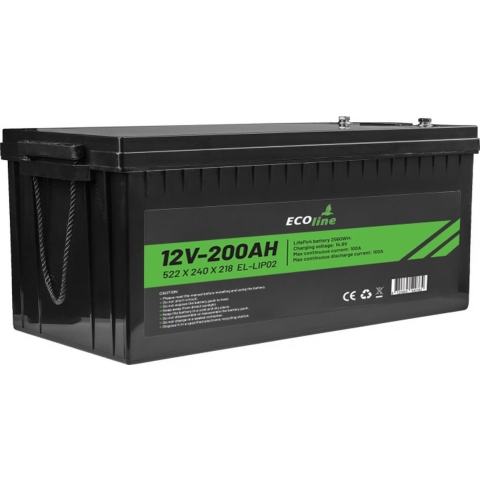 EcoLine - LifePo4 12V 200AH - 200000mAh lithium Batterij - 522 x 240 x 218 - Deep Cycle Accu