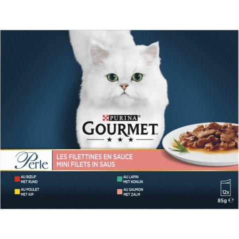 Gourmet Perle Mini Filets in saus met rund, kip, konijn, zalm natvoer kat (12x85 g) 96 x 85 g