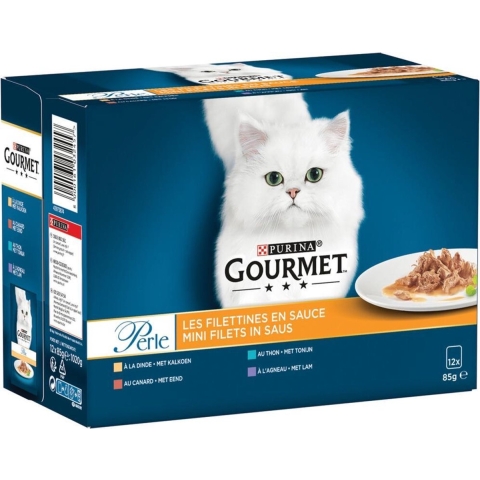 Gourmet Perle Mini Filets in saus met kalkoen/eend/tonijn/lam nat kattenvoer 85 gr zakjes 8 x (12 x 85 g)