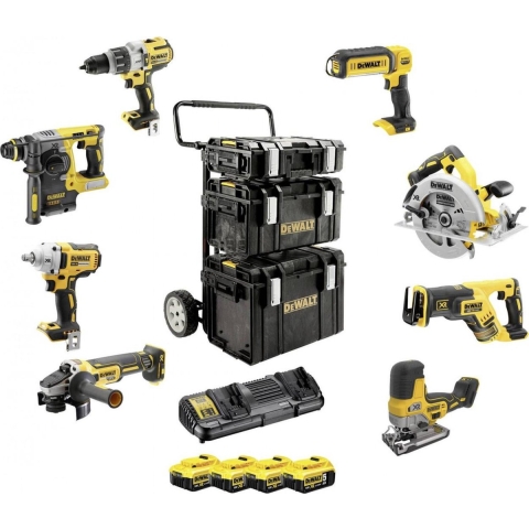 DEWALT DCK856P4-QW DCK856P4-QW Gereedschapsset Accu-klop/schroefmachine, Accu-slagmoersleutel, Accu-combihamer, Haakse accuslijper, Accu-reciprozaag,