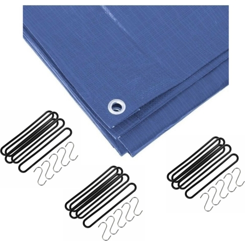 Afdekzeil / dekzeil blauw 10 x 12 meter met 40x spanrubbers en S-haken -