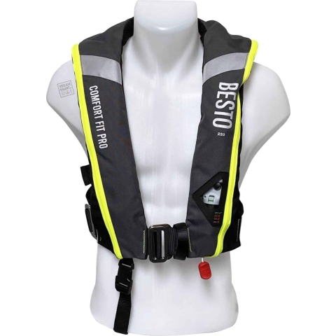Besto Comfort fit pro 220N MH automatisch reddingsvest met harnas antraciet/geel