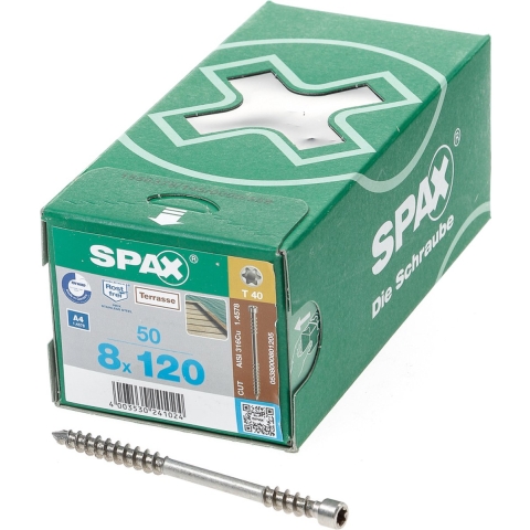 SPAX 538000801205 Vlonderschroef, Cilinderkop, 8 X 120, Fixeerschroefdraad, T-STAR Plus TX25 - Blank - 50 Stuks
