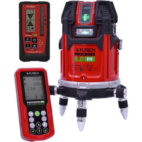FUTECH Procross 8.0 DS Kruislijnlaser In Koffer Incl. Afstandsbediening En Ontvanger– Groen – 2x200m - 8 Lijnen