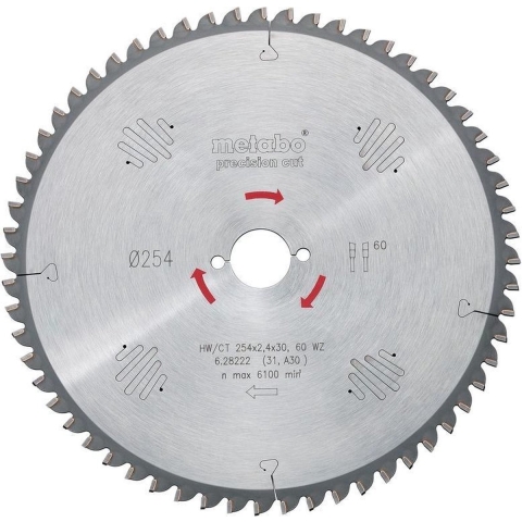 Metabo 628222000 Precision Cut Cirkelzaagblad - 254 X 30 X 60T - Hout / MDF / Spaanplaat / Compositiematerialen