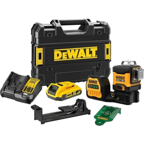 DeWALT DCE089D1G18 12V / 18V Li-ion Accu Zelfnivellerende 3x 360 Graden Kruislijnlaser Set (1x 2.0Ah Accu) In Koffer - 3 Lijnen - 30m - Groen