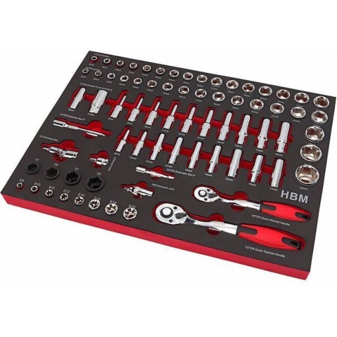HBM PROFI 74-delige 3/8", 1/2"doppenset FOAM inlay