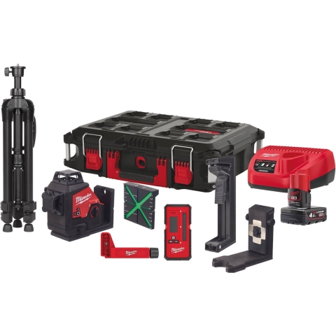 Milwaukee M12 3PLKIT-401P 12V Li-Ion Accu Kruislijnlaser Set (1x 4,0Ah) In Koffer - 3 Lijnen - Groen - 38m