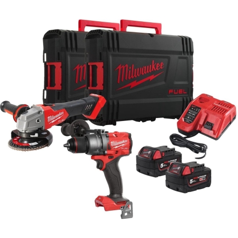 Milwaukee M18 FPP2E3-502X 18V Li-ion Accu Klopboor-/schroefmachine (M18 FPD3)&Haakse Slijper (M18 FSAG125) Combiset (2x 5.0Ah Accu) In HD Box