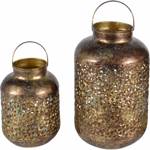 Set van 2x metalen lantaarns/windlichten goud 23 en 32 cm -