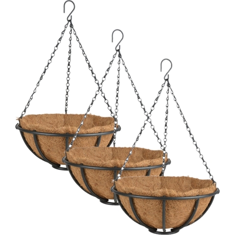 3x stuks metalen hanging baskets / plantenbakken met ketting 30 cm inclusief kokosinlegvel -