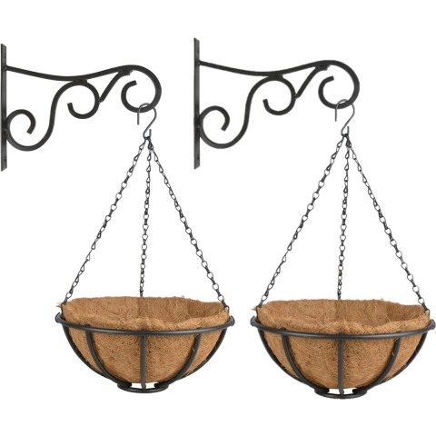 Set van 2x stuks Hanging baskets 30 cm met metalen muurhaken - complete hangmand set -
