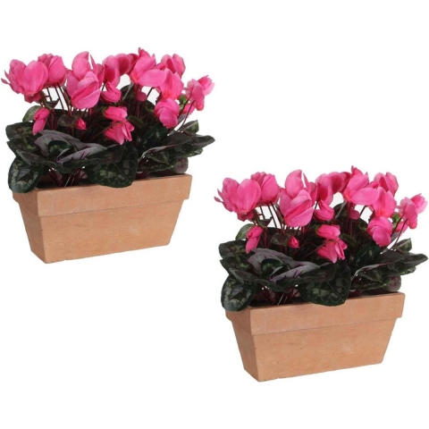 2x stuks cyclaam balkon kunstplanten roze in keramieken pot L29 x B13 x H33 cm -