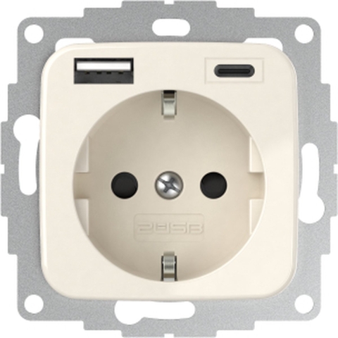 2USB 2U-449382 Geaard stopcontact Kinderbeveiliging, Met USB-laaduitgang IP20 Crèmewit (glanzend)